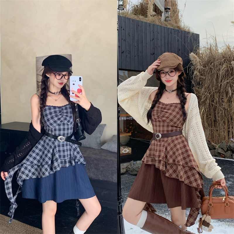 womens-korean-plaid-two-piece-set-with-waist-belt-slimming-cami-dress-fall-2025 Women's Korean Plaid Two-Piece Set with Waist Belt Slimming Cami Dress Fall 2025
