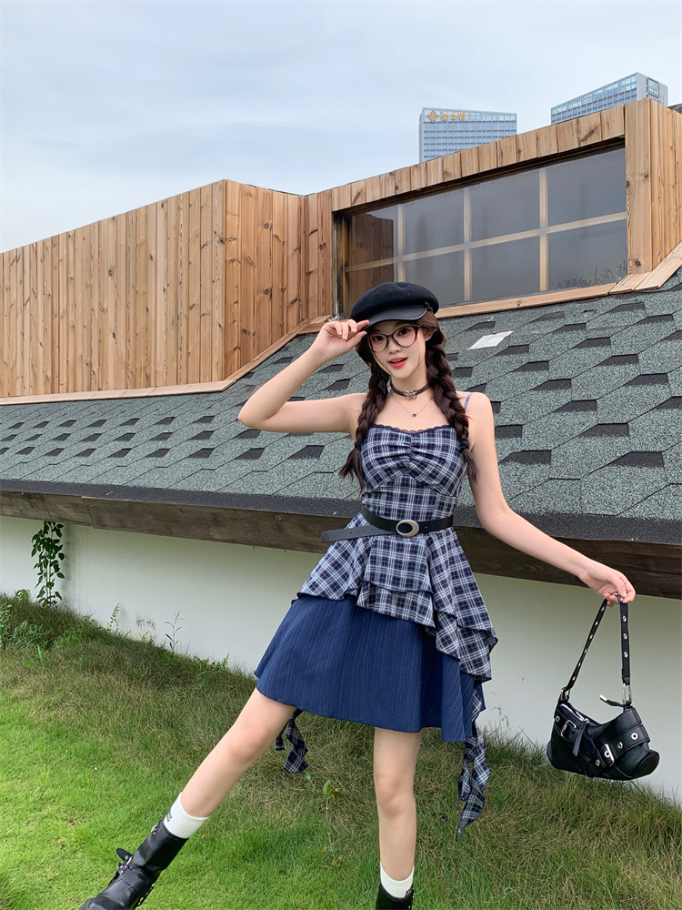 womens-korean-plaid-two-piece-set-with-waist-belt-slimming-cami-dress-fall-2025_1 Women's Korean Plaid Two-Piece Set with Waist Belt Slimming Cami Dress Fall 2025