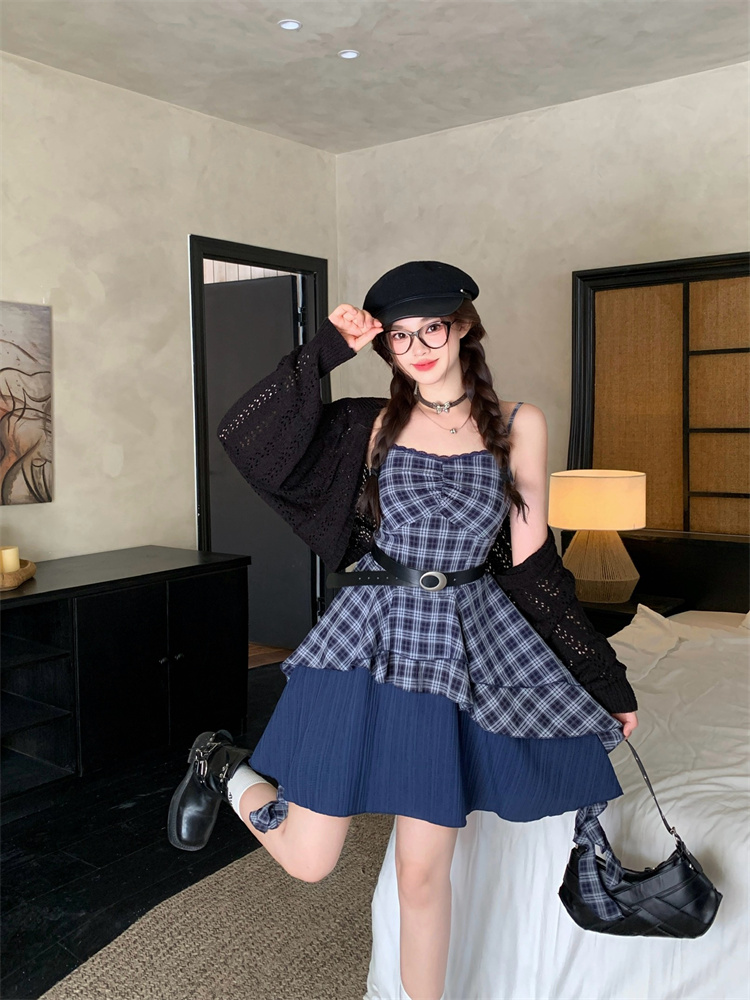 womens-korean-plaid-two-piece-set-with-waist-belt-slimming-cami-dress-fall-2025_3 Women's Korean Plaid Two-Piece Set with Waist Belt Slimming Cami Dress Fall 2025