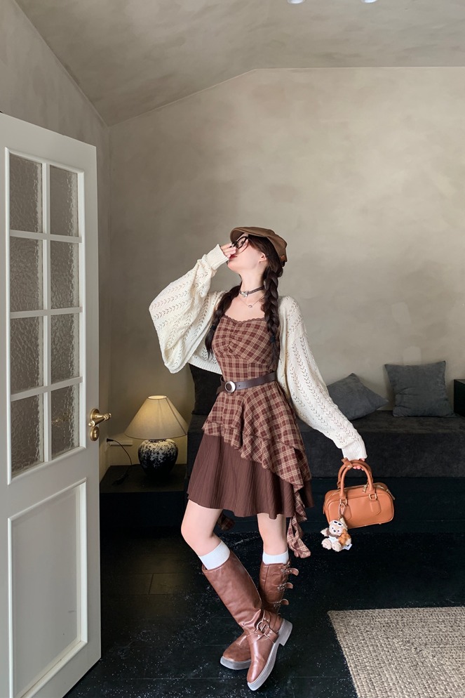 womens-korean-plaid-two-piece-set-with-waist-belt-slimming-cami-dress-fall-2025_4 Women's Korean Plaid Two-Piece Set with Waist Belt Slimming Cami Dress Fall 2025