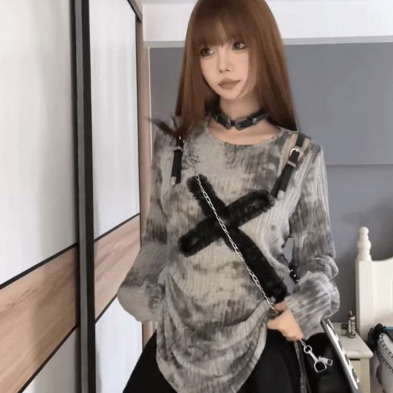 womens-loose-fit-tie-dye-ripped-long-sleeve-t-shirt Women's Loose Fit Tie-Dye Ripped Long Sleeve T-Shirt