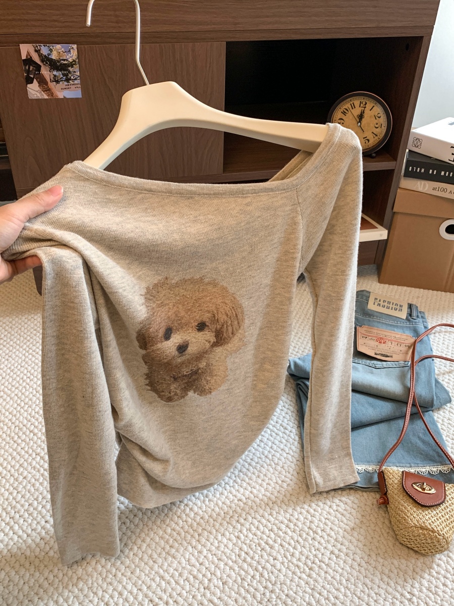 womens-puppy-print-off-shoulder-long-sleeve-knit-top-2026-fall-slim-waist-layering-shirt Women's Puppy Print Off-Shoulder Long Sleeve Knit Top 2026 Fall Slim Waist Layering Shirt