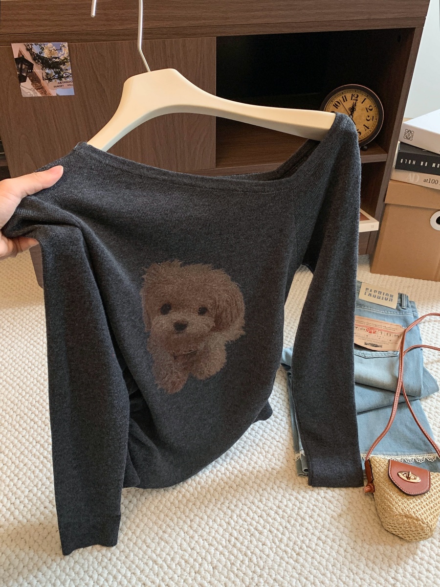 womens-puppy-print-off-shoulder-long-sleeve-knit-top-2026-fall-slim-waist-layering-shirt_1 Women's Puppy Print Off-Shoulder Long Sleeve Knit Top 2026 Fall Slim Waist Layering Shirt