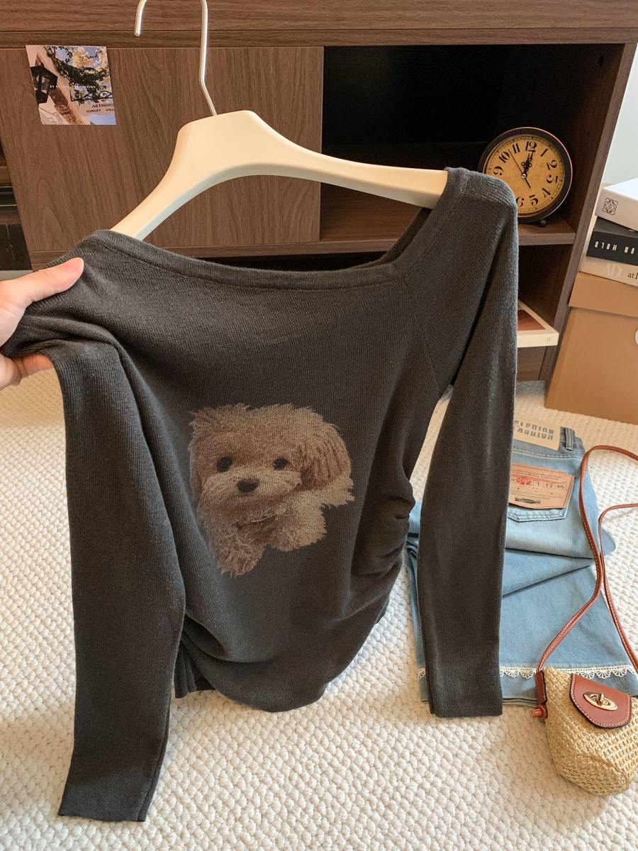 womens-puppy-print-off-shoulder-long-sleeve-knit-top-2026-fall-slim-waist-layering-shirt_2 Women's Puppy Print Off-Shoulder Long Sleeve Knit Top 2026 Fall Slim Waist Layering Shirt