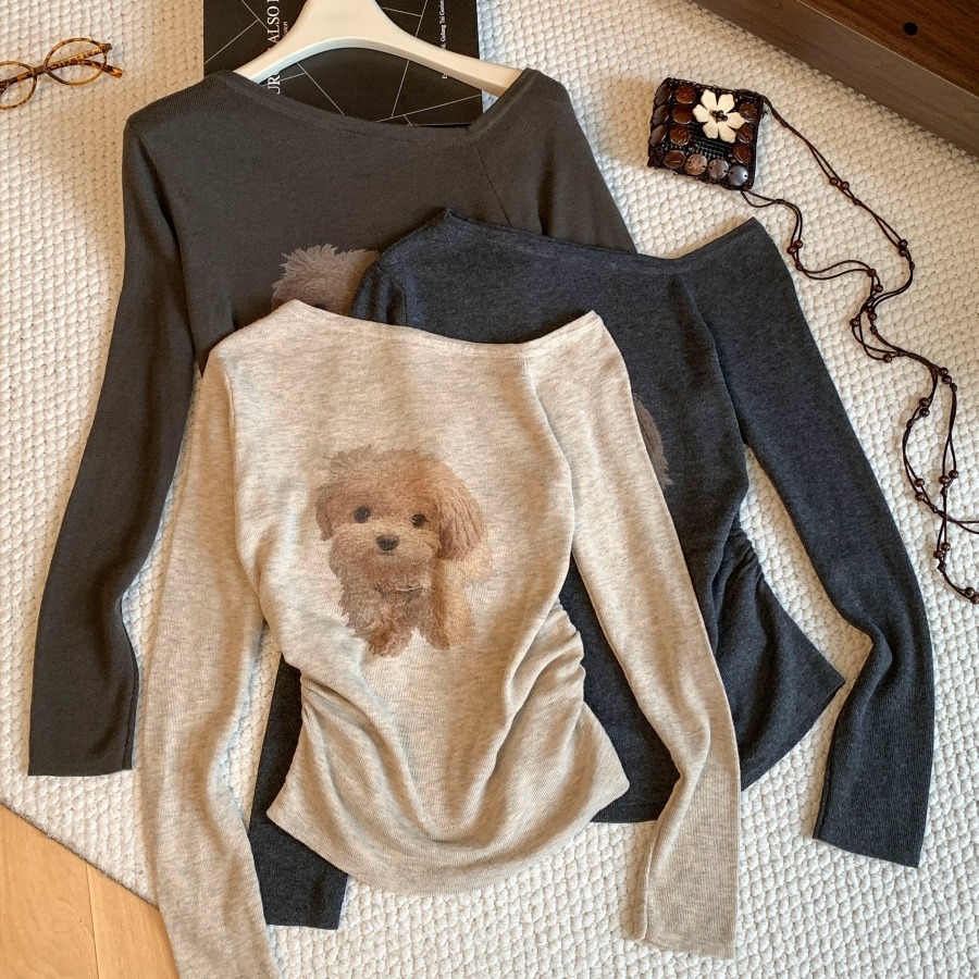womens-puppy-print-off-shoulder-long-sleeve-knit-top-2026-fall-slim-waist-layering-shirt_4 Women's Puppy Print Off-Shoulder Long Sleeve Knit Top 2026 Fall Slim Waist Layering Shirt